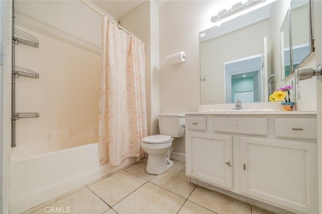 7404 Marshall Ct, Highland, CA 92346 - bathroom with toilet, tile patterned floors, vanity, and shower / bath combo with shower curtain