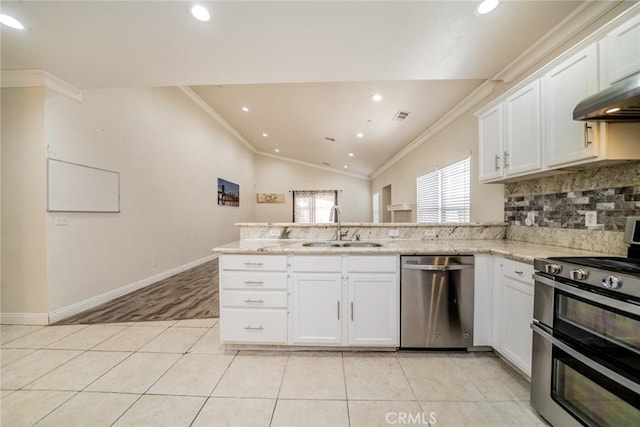 7404 Marshall Ct, Highland, CA 92346 - kitchen featuring appliances with stainless steel finishes, a peninsula, ornamental molding, white cabinets, and light stone countertops