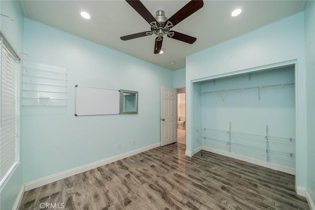 7404 Marshall Ct, Highland, CA 92346 - unfurnished bedroom featuring wood finished floors, baseboards, a closet, a ceiling fan, and recessed lighting