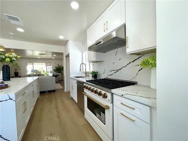 1616 Orchard Hill Ln, Hacienda Heights, CA 91745 - kitchen with high end white range, under cabinet range hood, a sink, white cabinetry, and stainless steel dishwasher
