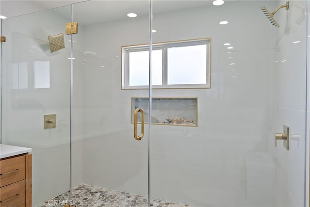 19617 Enslow Dr, Carson, CA 90746 - bathroom featuring a shower stall, vanity, and recessed lighting
