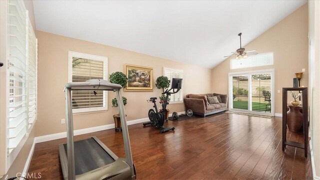 13819 Dogwood Ave, Chino, CA 91710 - exercise room featuring wood-type flooring, a ceiling fan, baseboards, and high vaulted ceiling