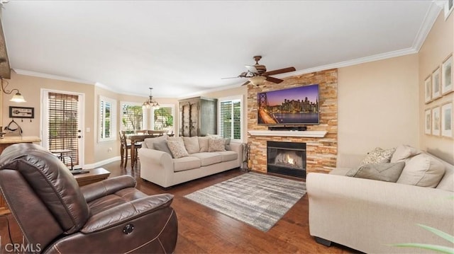 13819 Dogwood Ave, Chino, CA 91710 - living room featuring wood finished floors, a ceiling fan, crown molding, a fireplace, and baseboards