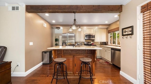 13819 Dogwood Ave, Chino, CA 91710 - kitchen featuring appliances with stainless steel finishes, beam ceiling, dark wood-style floors, baseboards, and recessed lighting