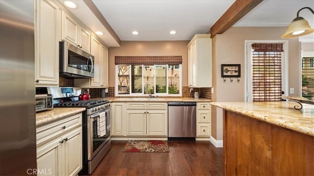 13819 Dogwood Ave, Chino, CA 91710 - kitchen featuring stainless steel appliances, dark wood-style flooring, backsplash, light stone counters, and recessed lighting