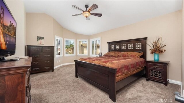 13819 Dogwood Ave, Chino, CA 91710 - bedroom featuring baseboards, light colored carpet, lofted ceiling, and ceiling fan