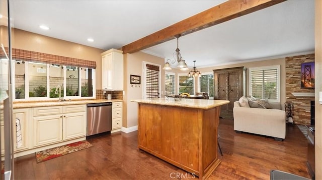 13819 Dogwood Ave, Chino, CA 91710 - kitchen featuring dishwasher, a chandelier, a kitchen island, dark wood-type flooring, and ornamental molding