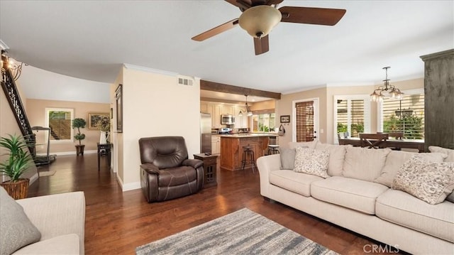 13819 Dogwood Ave, Chino, CA 91710 - living room with ceiling fan, dark wood-type flooring, baseboards, a chandelier, and ornamental molding