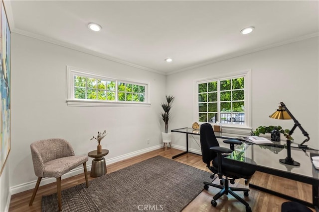 4428 Saugus Ave, Sherman Oaks, CA 91403 - office area featuring ornamental molding, wood finished floors, baseboards, and recessed lighting