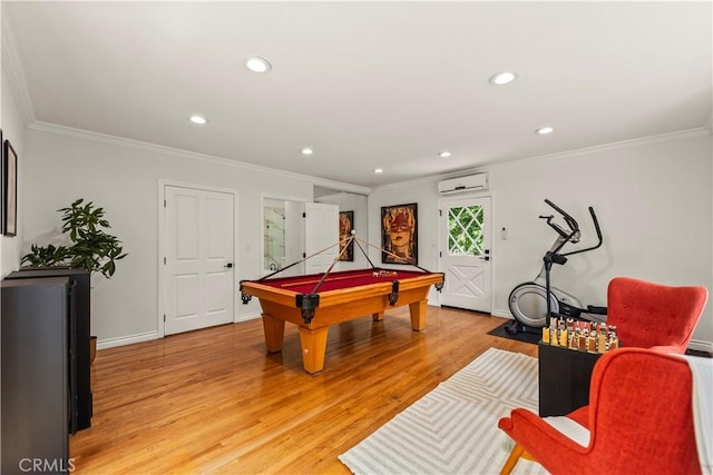 4428 Saugus Ave, Sherman Oaks, CA 91403 - playroom featuring an AC wall unit, billiards table, light wood-style floors, ornamental molding, and recessed lighting