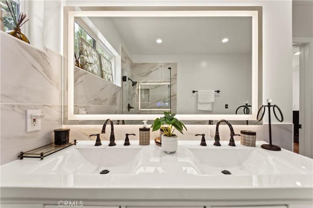 4428 Saugus Ave, Sherman Oaks, CA 91403 - full bath with a marble finish shower, double vanity, and recessed lighting