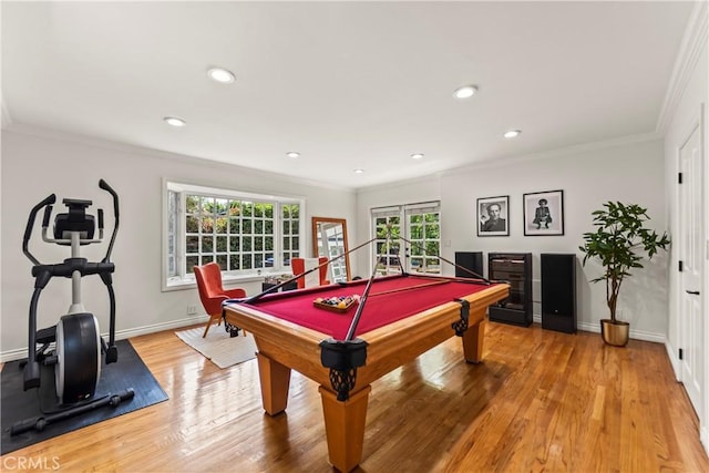4428 Saugus Ave, Sherman Oaks, CA 91403 - playroom featuring wood finished floors, pool table, baseboards, ornamental molding, and recessed lighting