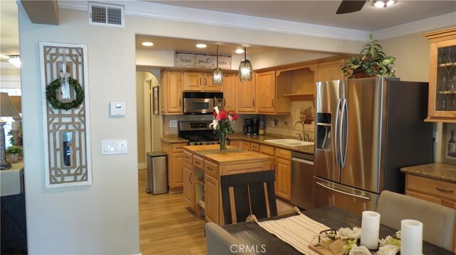 306 Vista Trucha, Newport Beach, CA 92660 - kitchen featuring appliances with stainless steel finishes, a sink, ceiling fan, light wood-style floors, and tasteful backsplash