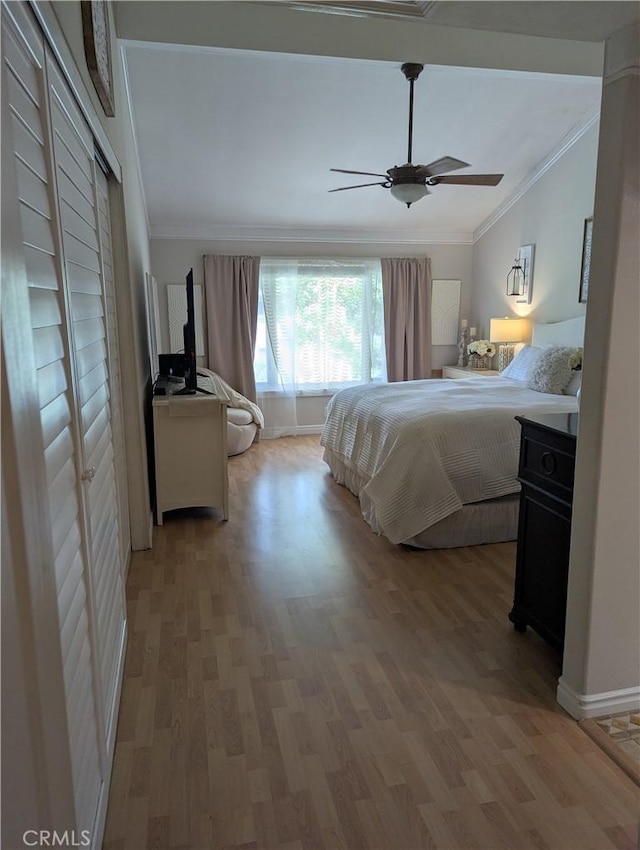 306 Vista Trucha, Newport Beach, CA 92660 - bedroom with ornamental molding, light wood-style flooring, ceiling fan, and baseboards