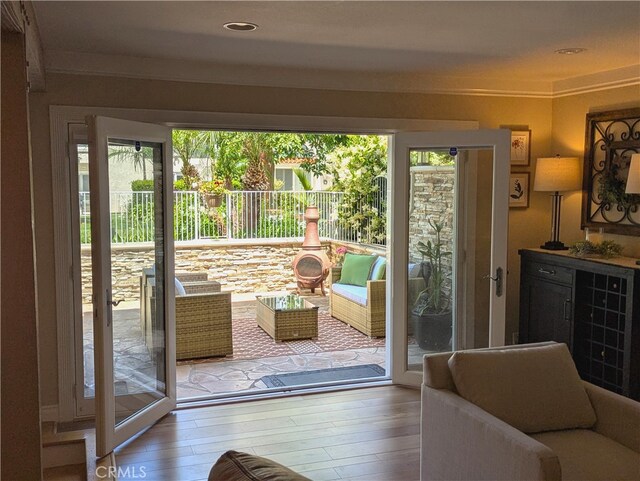 306 Vista Trucha, Newport Beach, CA 92660 - doorway featuring plenty of natural light, hardwood / wood-style floors, crown molding, and recessed lighting