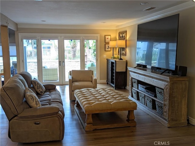 306 Vista Trucha, Newport Beach, CA 92660 - living room with ornamental molding, wood finished floors, french doors, and baseboards