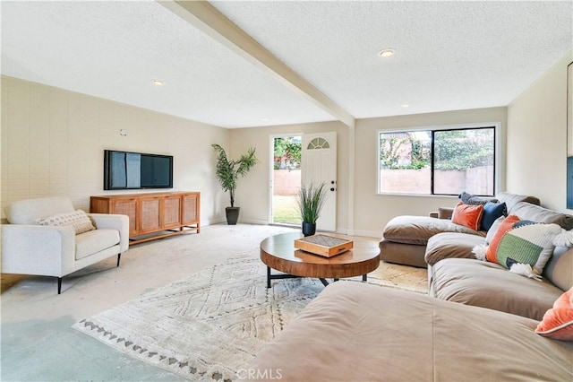 524 N Paulina Ave, Redondo Beach, CA 90277 - living room featuring light carpet, a textured ceiling, baseboards, and recessed lighting