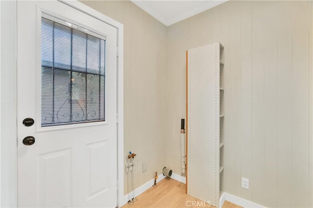 524 N Paulina Ave, Redondo Beach, CA 90277 - doorway to outside with baseboards, light wood finished floors, and crown molding