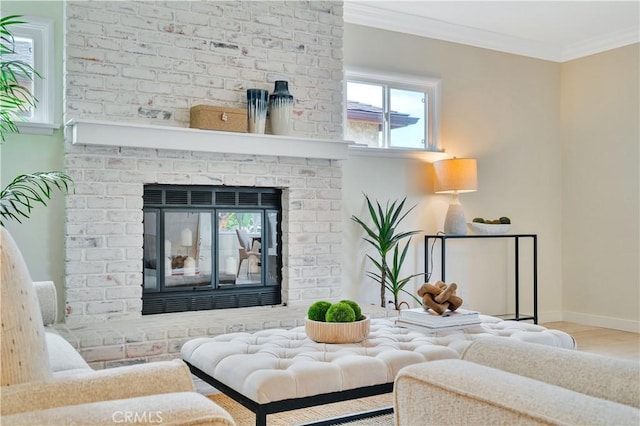 524 N Paulina Ave, Redondo Beach, CA 90277 - living area featuring a brick fireplace, wood finished floors, crown molding, and baseboards