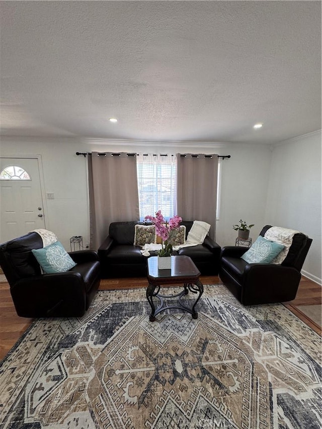 640 Flora St, Barstow, CA 92311 - living room with a textured ceiling, wood finished floors, and recessed lighting