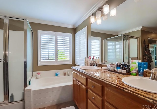 475 Marsh Harbor Dr, San Diego, CA 92154 - full bath with a stall shower, a bath, crown molding, and double vanity