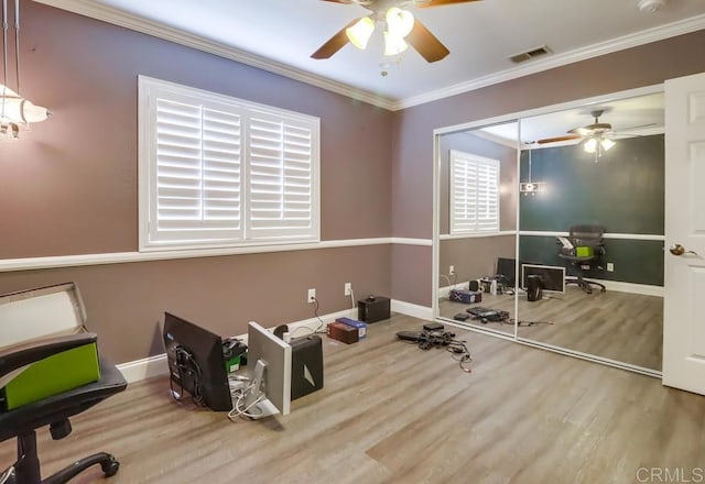475 Marsh Harbor Dr, San Diego, CA 92154 - exercise area with ceiling fan, wood finished floors, baseboards, and ornamental molding