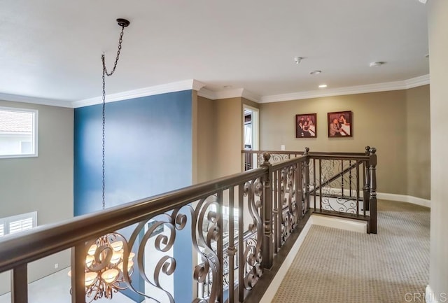 475 Marsh Harbor Dr, San Diego, CA 92154 - corridor featuring an upstairs landing, crown molding, carpet, baseboards, and recessed lighting