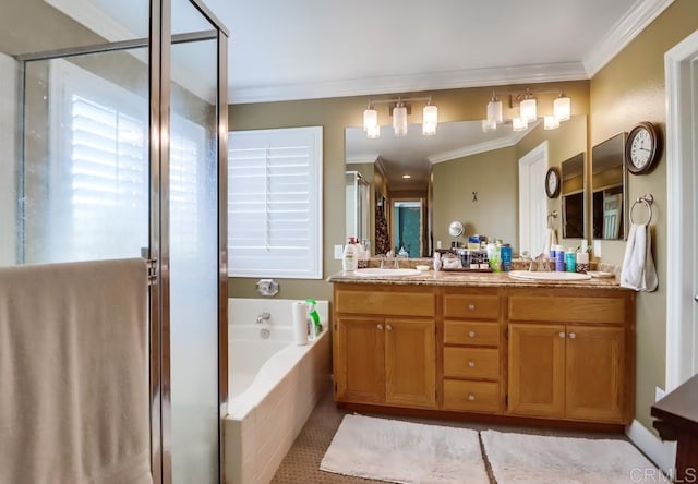 475 Marsh Harbor Dr, San Diego, CA 92154 - bathroom with crown molding, a garden tub, a shower stall, and double vanity