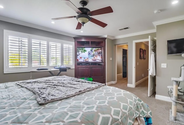 475 Marsh Harbor Dr, San Diego, CA 92154 - bedroom with baseboards, light carpet, recessed lighting, ornamental molding, and a ceiling fan