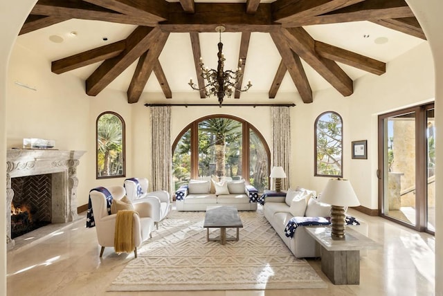 18127 Via Roswitha, Rancho Santa Fe, CA 92067 - living area featuring a chandelier, beamed ceiling, a fireplace, and high vaulted ceiling