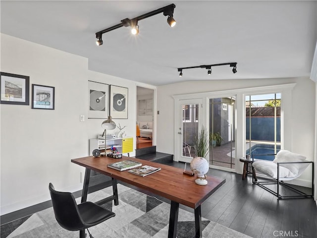8110 Lesner Ave, Lake Balboa, CA 91406 - office area featuring rail lighting and dark wood finished floors