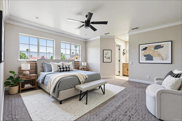 40550 Ventana Ct, Palm Desert, CA 92260 - carpeted bedroom featuring baseboards, ornamental molding, ceiling fan, and connected bathroom