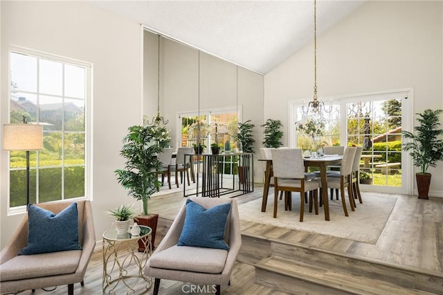 15541 Olive Branch Dr, La Mirada, CA 90638 - dining room featuring high vaulted ceiling, a chandelier, and healthy amount of natural light