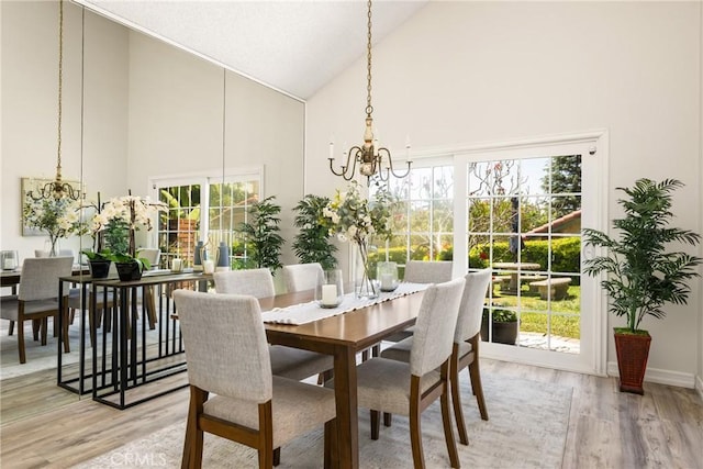 15541 Olive Branch Dr, La Mirada, CA 90638 - dining room with high vaulted ceiling, a chandelier, light wood-style floors, and plenty of natural light