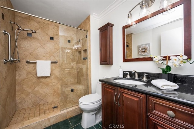 15541 Olive Branch Dr, La Mirada, CA 90638 - bathroom featuring vanity, a tile shower, toilet, tile patterned floors, and crown molding