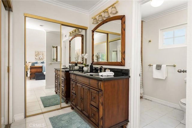 15541 Olive Branch Dr, La Mirada, CA 90638 - ensuite bathroom with tile patterned flooring, vanity, crown molding, and toilet