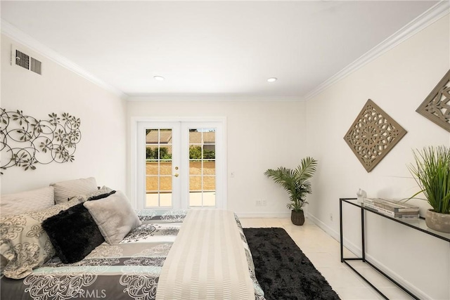 15541 Olive Branch Dr, La Mirada, CA 90638 - tiled bedroom featuring french doors, crown molding, access to exterior, baseboards, and recessed lighting
