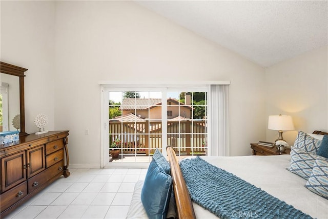 15541 Olive Branch Dr, La Mirada, CA 90638 - bedroom with high vaulted ceiling, access to outside, light tile patterned flooring, and baseboards