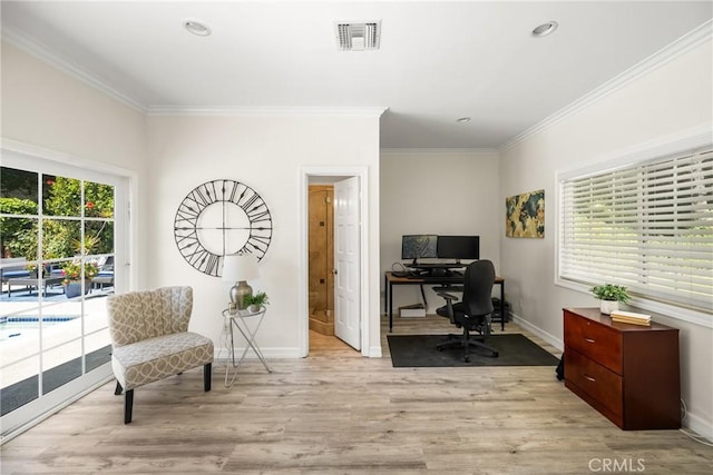 15541 Olive Branch Dr, La Mirada, CA 90638 - office area featuring light wood finished floors, ornamental molding, baseboards, and recessed lighting