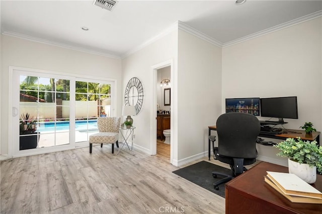 15541 Olive Branch Dr, La Mirada, CA 90638 - home office featuring ornamental molding, wood finished floors, and baseboards