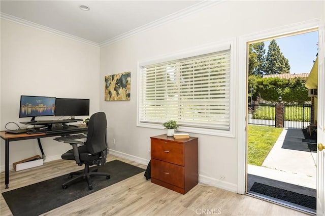 15541 Olive Branch Dr, La Mirada, CA 90638 - home office featuring wood finished floors, crown molding, plenty of natural light, and baseboards