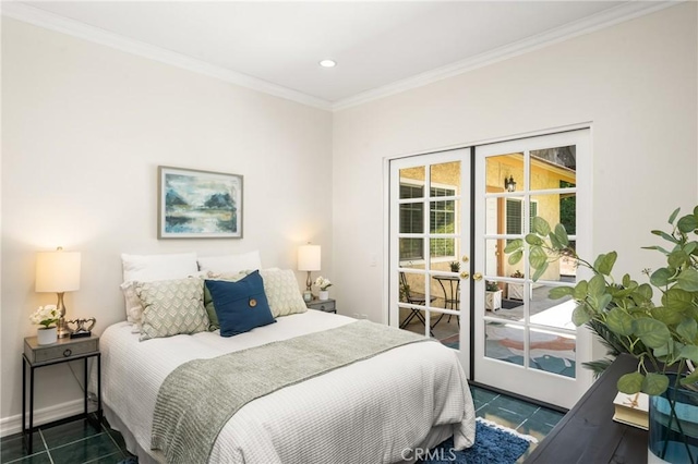 15541 Olive Branch Dr, La Mirada, CA 90638 - bedroom with french doors, ornamental molding, access to exterior, recessed lighting, and baseboards