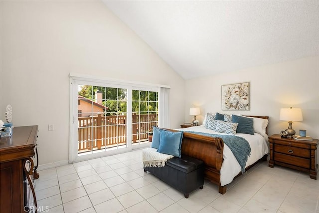 15541 Olive Branch Dr, La Mirada, CA 90638 - bedroom featuring high vaulted ceiling, access to exterior, light tile patterned floors, and baseboards