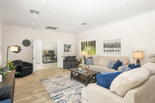 15541 Olive Branch Dr, La Mirada, CA 90638 - living room featuring light wood finished floors, crown molding, recessed lighting, and an office area
