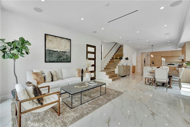 518 8th St, Huntington Beach, CA 92648 - living area featuring recessed lighting, stairway, and light marble finish floors