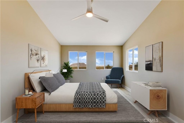 1809 Delgada Ave, Landers, CA 92285 - bedroom featuring baseboards, lofted ceiling, wood finished floors, and ceiling fan
