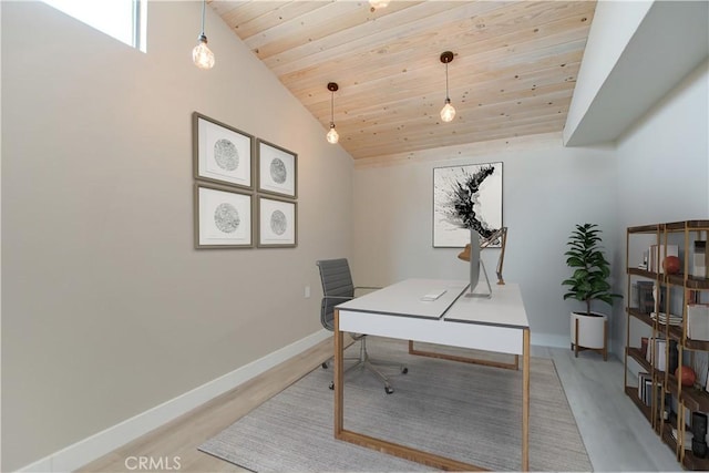 1809 Delgada Ave, Landers, CA 92285 - office area featuring wooden ceiling, lofted ceiling, baseboards, and light wood-type flooring