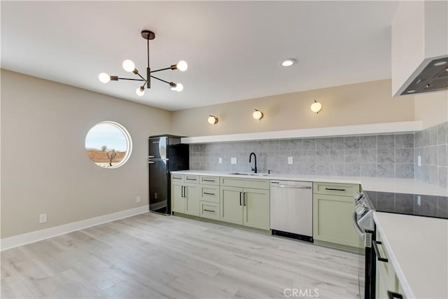 1809 Delgada Ave, Landers, CA 92285 - kitchen with stainless steel appliances, a sink, green cabinets, tasteful backsplash, and a chandelier
