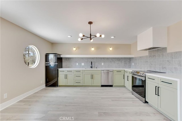 1809 Delgada Ave, Landers, CA 92285 - kitchen featuring stainless steel appliances, a sink, green cabinetry, a chandelier, and light countertops
