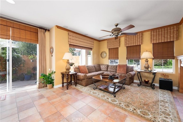 11803 Sortino Ct, Moorpark, CA 93021 - tiled living area featuring ceiling fan, healthy amount of natural light, and baseboards